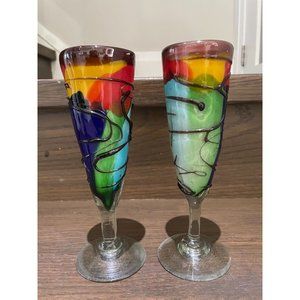 set of 2 Confetti cocktails hand blown rainbow Handmade Wine champagne Glasses